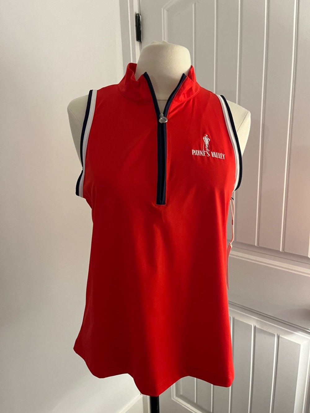 Kinona Red Sleeveless Zip Golf Tank with Navy Trim